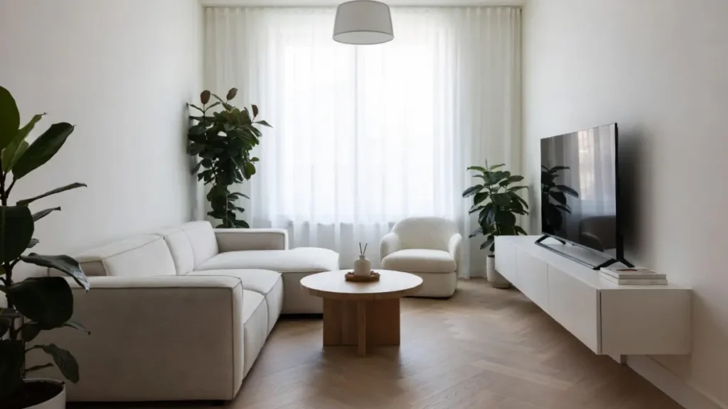 Sala de estar pequena com paleta de cores claras em tons de branco, bege e madeira natural, criando sensação de amplitude e luminosidade em decoração minimalista moderna.
