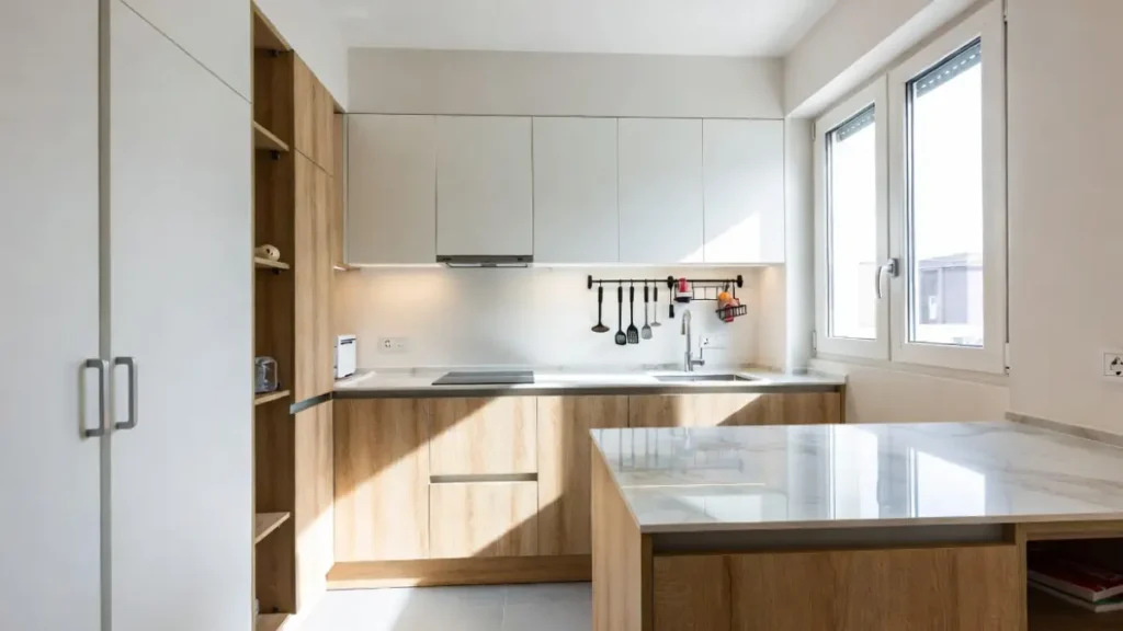 Cozinha pequena minimalista com móveis multifuncionais: ilha com mesa extensível, armários inteligentes e armazenamento otimizado para maximizar o espaço em apartamentos compactos.