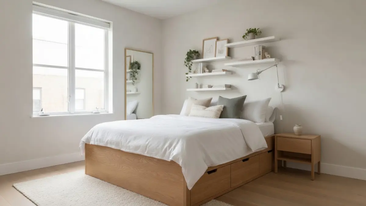 Quarto minimalista pequeno com cama de madeira com gavetas de armazenamento na base, prateleiras flutuantes brancas, tons claros e muita luz natural, demonstrando decoração funcional e ampliada visualmente.