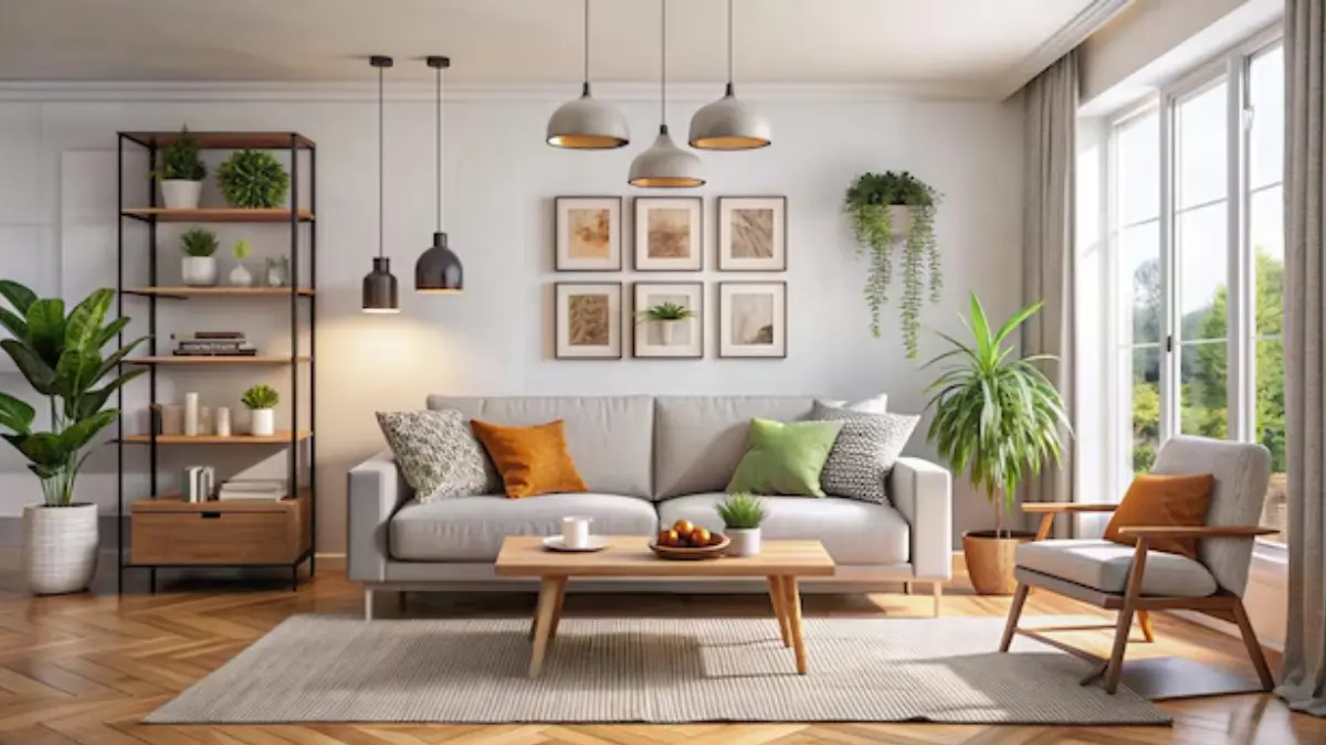 Sala de estar minimalista clara e acolhedora com sofá cinza, mesa de centro de madeira, poltronas, estante alta com plantas e muita luz natural entrando pela janela. Decoração moderna com tons neutros e elementos naturais.