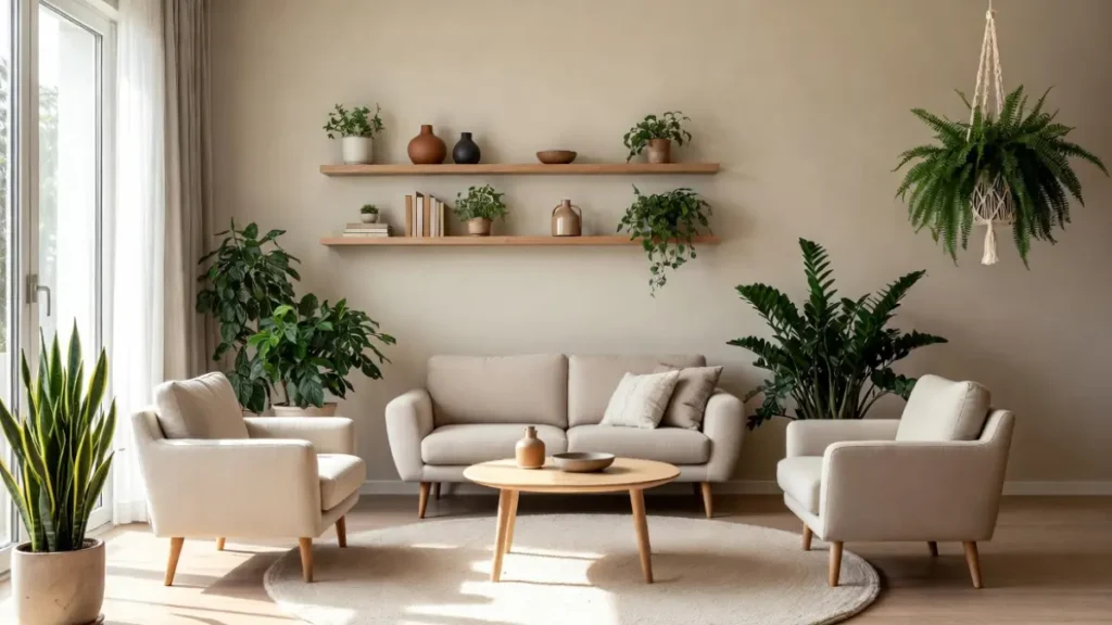 Sala de estar minimalista moderna e acolhedora com sofá bege, duas poltronas, mesa de centro redonda de madeira, tapete circular e diversas plantas verdes. Ambiente iluminado por luz natural, estilo fotorealista.