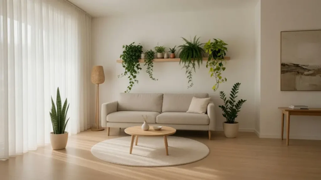 Sala de estar minimalista clara com sofá bege, mesa de centro redonda de madeira, tapete circular e prateleira de madeira natural acima do sofá com várias plantas pendentes. Ambiente iluminado por luz natural suave, com plantas de chão e cortinas brancas.