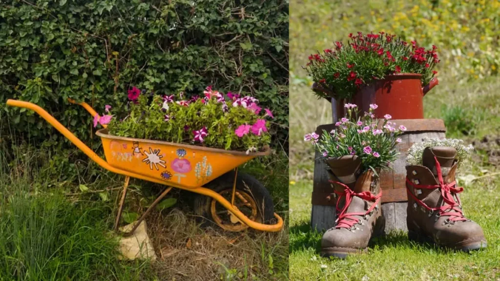 Jardim com obetos reciclados: uma carrinhola otimizada com flores plantadas, uma panela grande pintada de vermelho com lindas flores plandas, e um par de butinas de couros plantada cravilinas exuberantes.