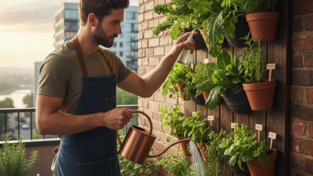 Homem regando plantas em vasos de barro e aplicando spray em horta vertical de parede.