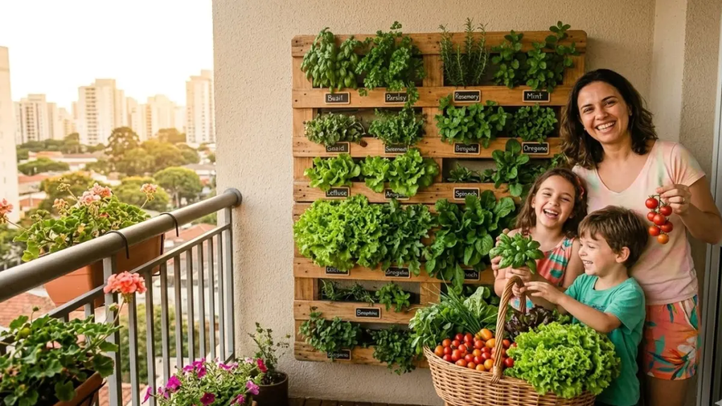 Mulher e duas crianças sorrindo em uma sacada de apartamento, segurando uma cesta cheia de alfaces e tomates frescos colhidos de uma horta vertical de palete ao fundo.
