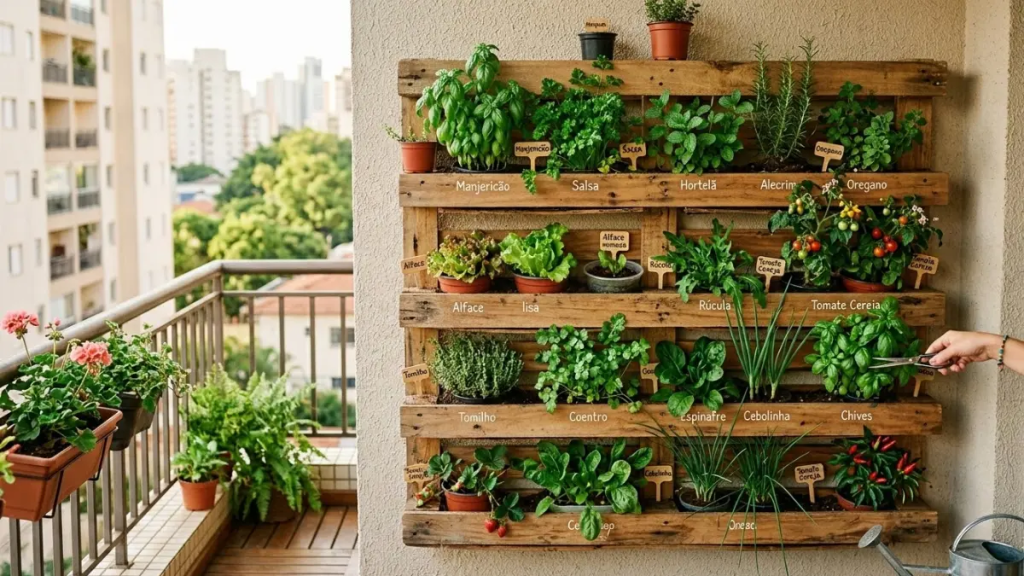 Horta vertical feita de palete de madeira em uma sacada de apartamento com temperos variados.