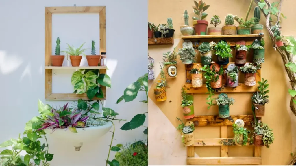 Jardim vertical com obejetos recilados como palete, latas e uma cuba de louça de banheiro fixos na parede.