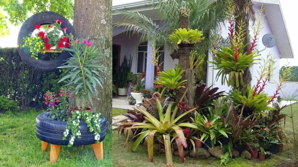 Foto real de um jardim tropical com bromelias, vasos sutentáveis de pneu em vaixo de uma arvore. Ambiente lindo e aconchegante em frente uma casa.
