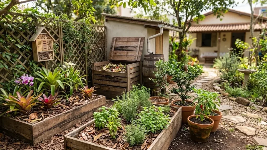 Quintal brasileiro transformado em jardim sustentável com canteiros de madeira, plantas nativas, composteira doméstica e cisterna de captação de água da chuva.