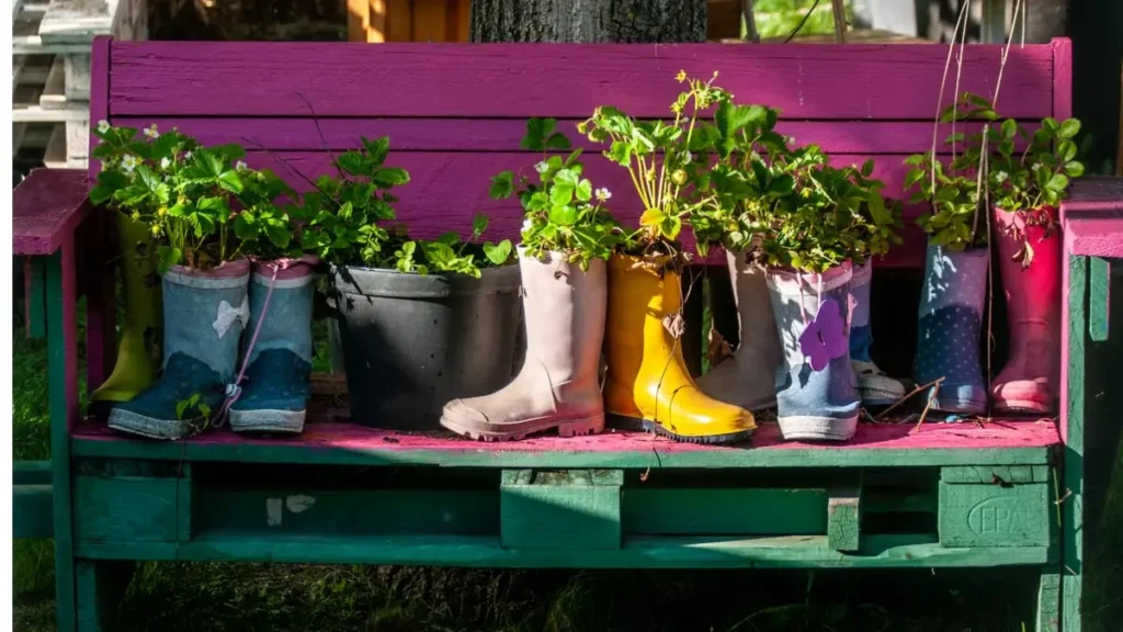 Foto real de vasos reciclados, diversas galochas plantadas morangos.