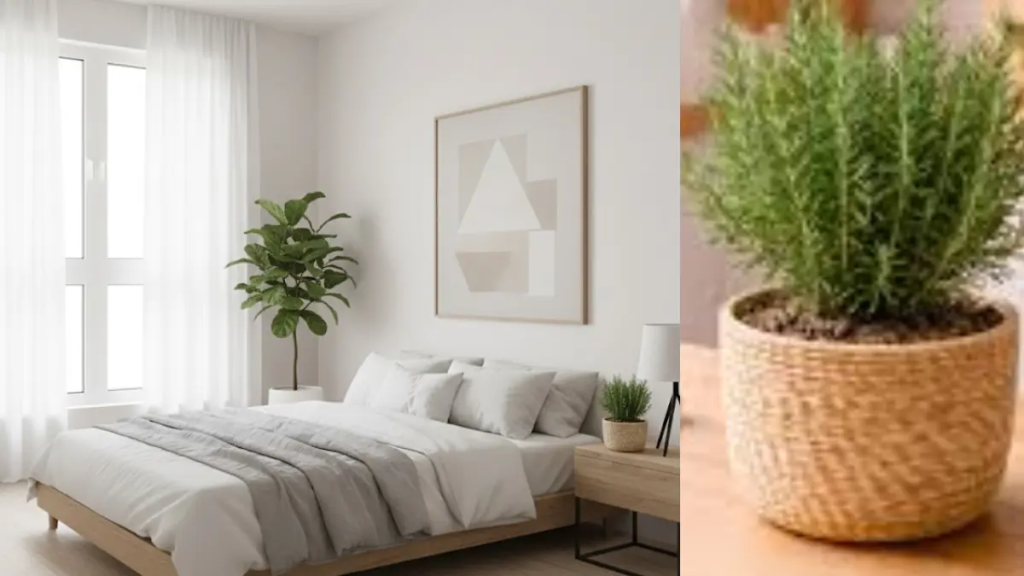 Quarto estilo escandinavo com close upe de folhas de Alecrim (Rosmarinus officinalis).