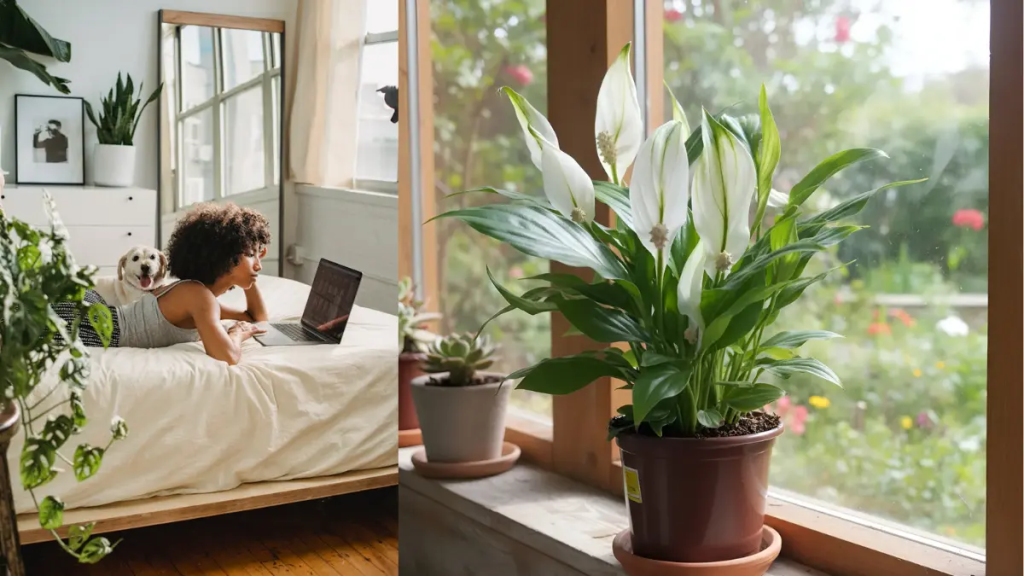Destaque para uma das melhores plantas para quarto Lírio da paz em um quarto com uma mulher e um cachorro deitados na cama frente ao comutador. 
