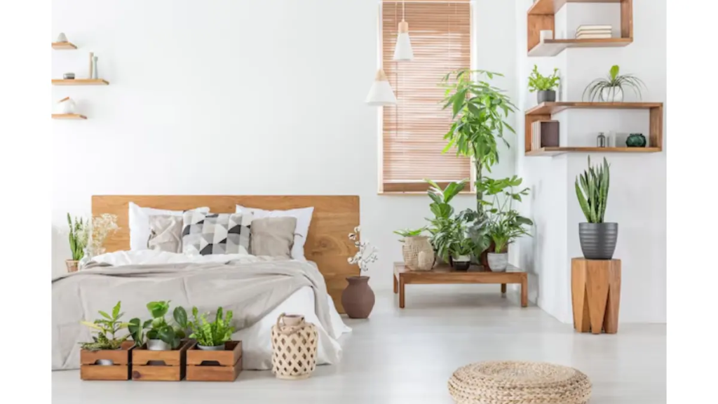 Quarto aconchegante estilo escnadinavo com diversas plantas enfatizando as melhores plantas para dormitorios.