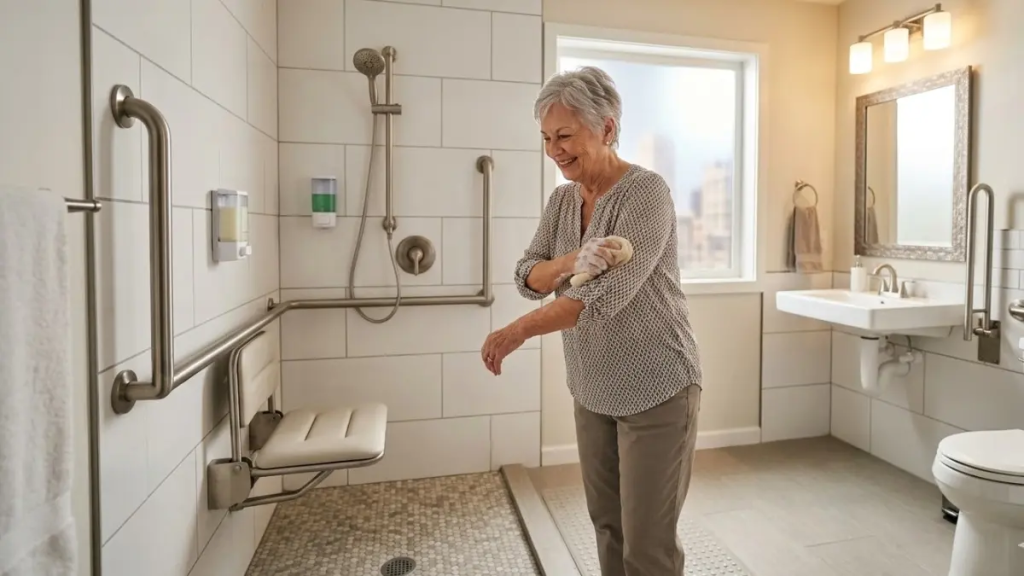 Banheiro moderno adaptado para idosos, com barras de apoio metálicas, cadeira articulada no box e piso antiderrapante, mostrando uma idosa sorrindo.