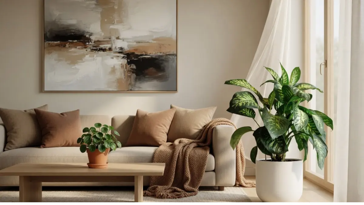 Planta comogo ninguem pode forndosa em um cachepo branco frente a uma janela de vidro, num ambiente aconchegante e moderno.