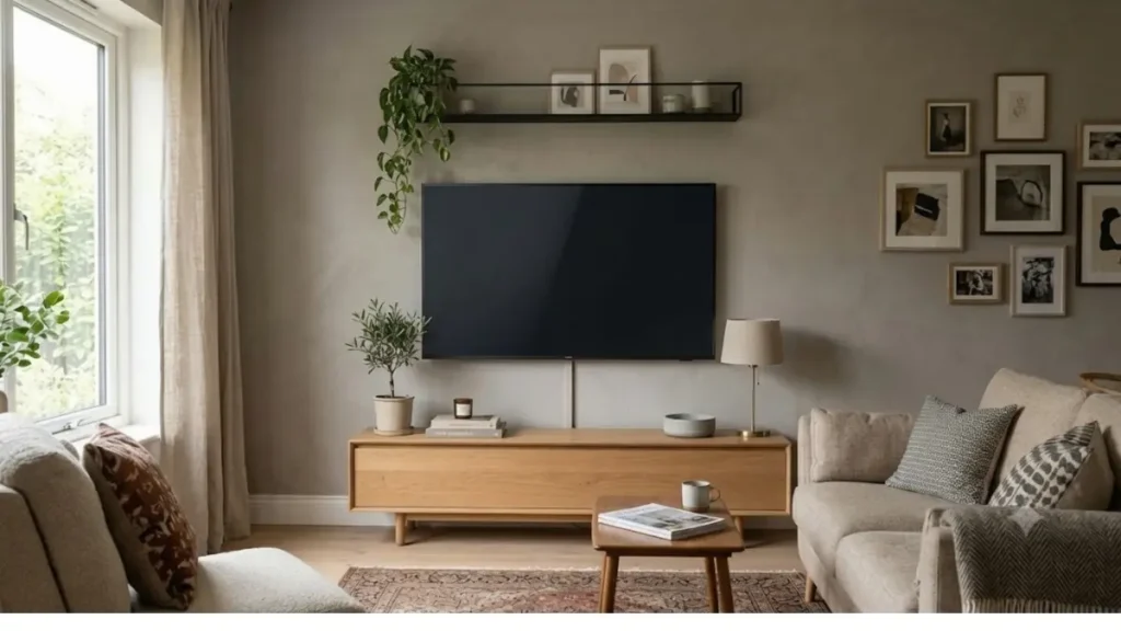 Sala de estar moderna com TV fixada diretamente em parede cinza texturizada sem painel, acompanhada por rack de madeira, prateleira e plantas.