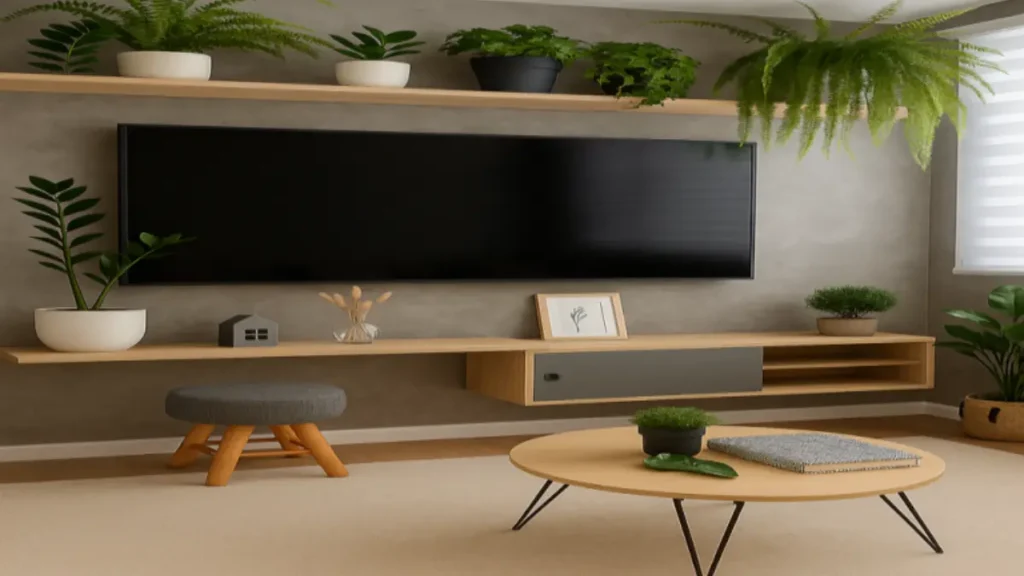 Sala de estar moderna com TV preta, prateleiras de madeira com plantas verdes, banquinho cinza e mesa de centro redonda, parede destaque da TV com cimento queimado.