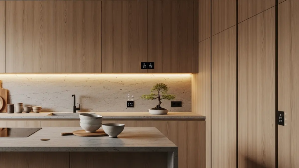 Cozinha minimalista com bancada de pedra e tecnologia invisível embutida, seguindo as tendências de decoração 2026.