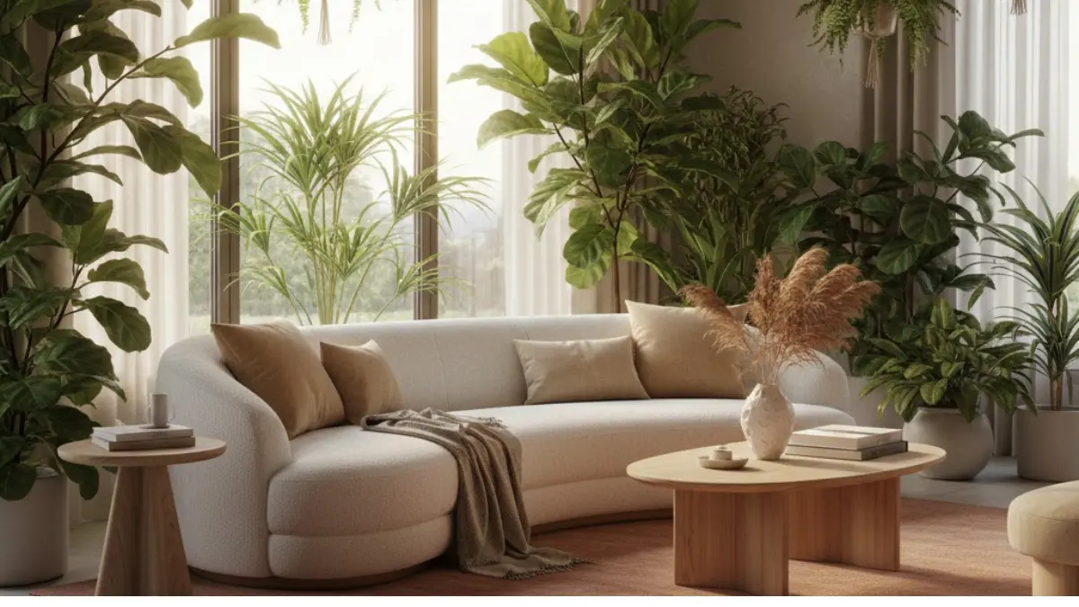 Sala de estar com parede terracota, sofá curvo em bouclé creme e abundância de plantas verdes, exemplificando a tendência de decoração 2026 de design biofílico e conforto sensorial.