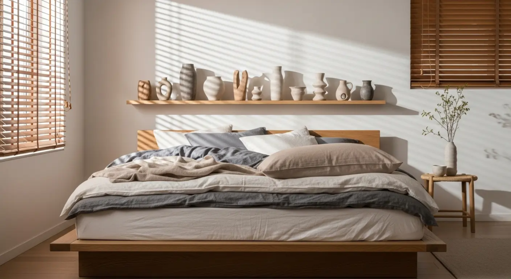 Quarto com estilo Japandi, cama baixa de madeira e tons neutros, tendência de decoração 2026 para o bem-estar.