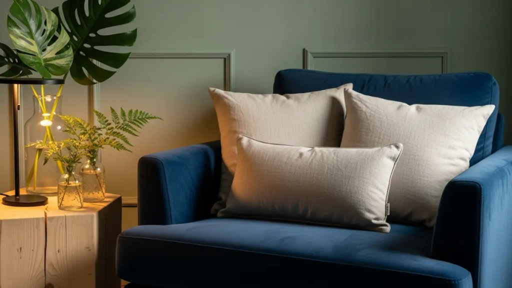 Detalhe de poltrona azul e parede verde sálvia, cores que são tendências de decoração 2026.
