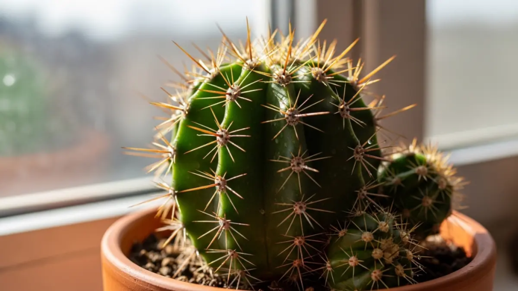 Topo de Cacto Mandacaru recebendo luz solar direta em frente a uma janela.