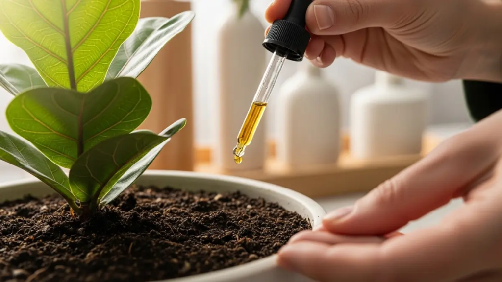 Close-up de mãos adubando o solo de uma Ficus Umbellata com fertilizante líquido para promover crescimento saudável.