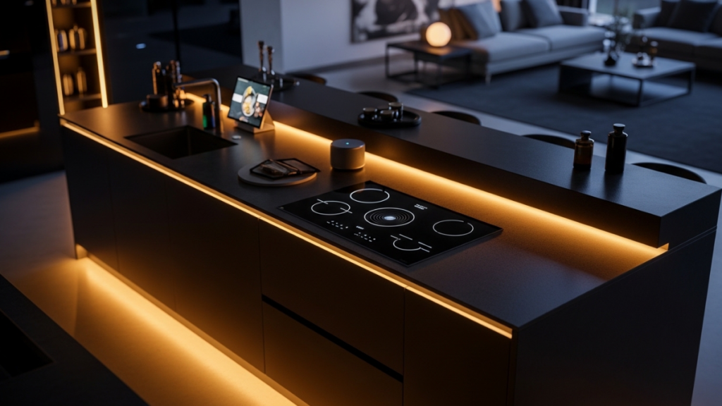 Cozinha moderna com iluminação LED quente sob os armários e luminária linear sobre a ilha central, destacando o design minimalista em tons escuros.