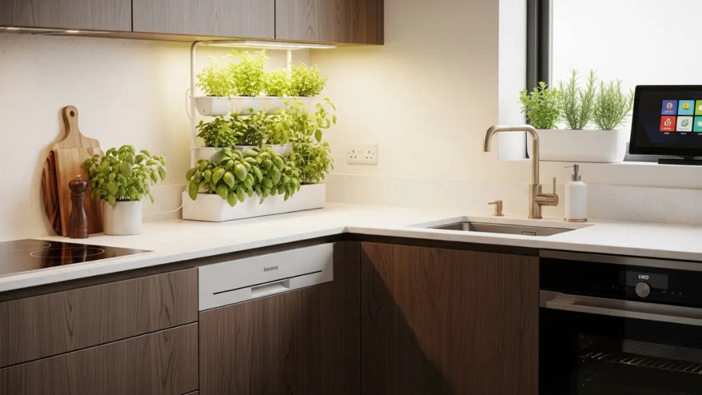 Horta hidropônica vertical integrada em armário de cozinha moderna com iluminação LED para crescimento de plantas.