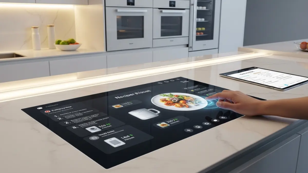 Mão interagindo com tela touch integrada em bancada de cozinha tecnológica 2026, exibindo controle de eletrodomésticos e receitas.