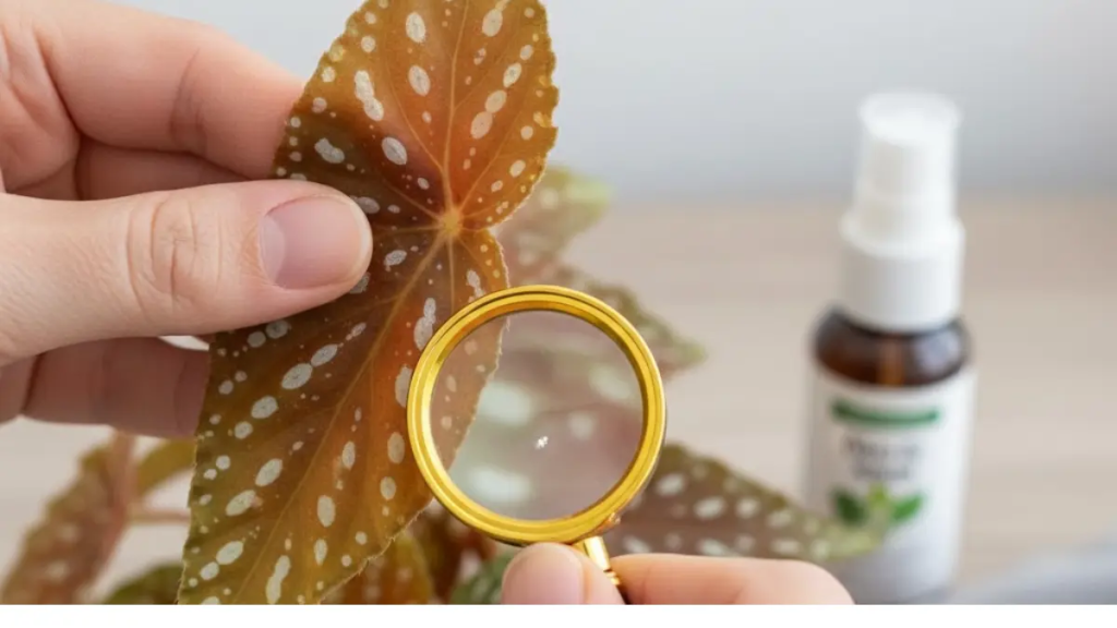 Mãos segurando uma lupa para examinar detalhadamente uma folha de Begônia Maculata, com um frasco de spray de tratamento ao fundo.