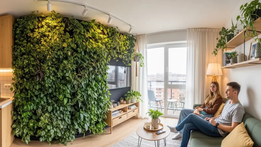 Sala de estar pequena com jardim vertical denso cobrindo a parede principal, casal sentado no sofá e varanda com vista urbana ao fundo.