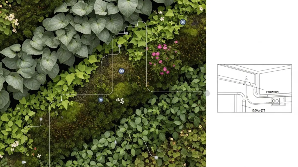 Close-up de parede viva com texturas de musgo, folhas de samambaia e sistema de irrigação transparente embutido em um apartamento moderno.