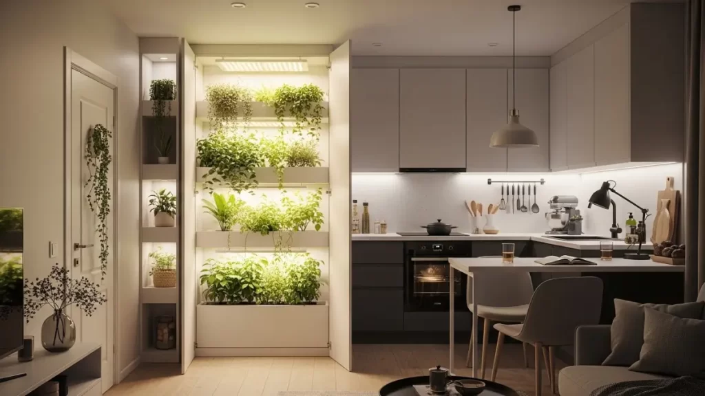 Cozinha/sala de estar de apartamento pequeno com marcenaria híbrida, nichos para plantas hidropônicas, prateleiras verdes e iluminação Grow Light embutida.