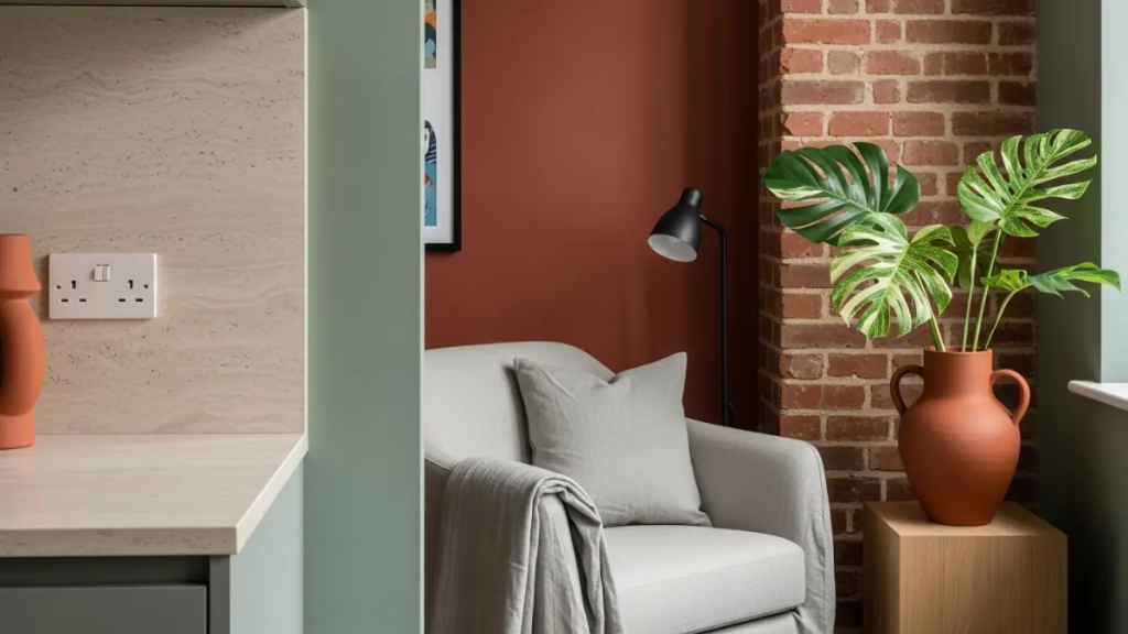 Detalhe de canto de leitura biofílico com bancada de pedra natural, poltrona de linho, vaso de terracota, e plantas de interior com cores terrosas e verdes.