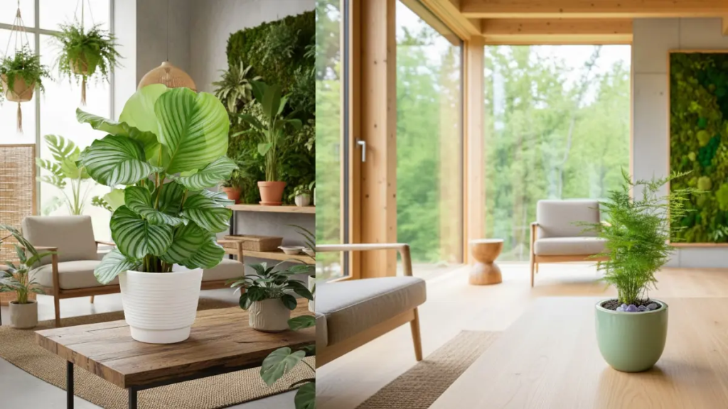 Composição de plantas de interior populares: Calathea Orbifolia e Aspargo Plumoso.