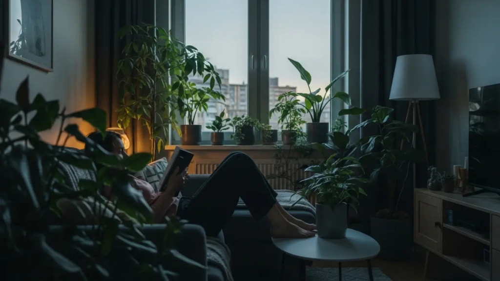 Pessoa relaxando em sofá com livro, cercada por plantas em apartamento biofílico, com luz suave do pôr do sol e vista para a cidade.
