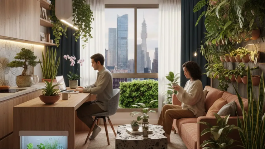 Apartamento pequeno moderno com jardim vertical, sala e cozinha integradas, homem e mulher trabalhando e relaxando, vista urbana ao fundo.