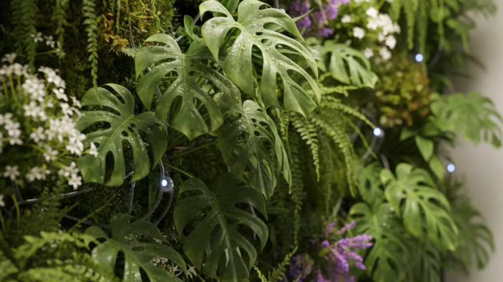Close-up de jardim vertical inteligente com folhas de Monstera, samambaias, flores brancas e roxas, e pequenos pontos de luz LED de sensores de monitoramento.
