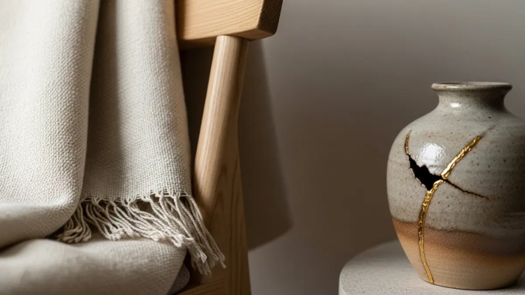 Detalhe de manta de linho bege sobre cadeira de madeira clara e vaso de cerâmica Wabi-sabi com kintsugi.