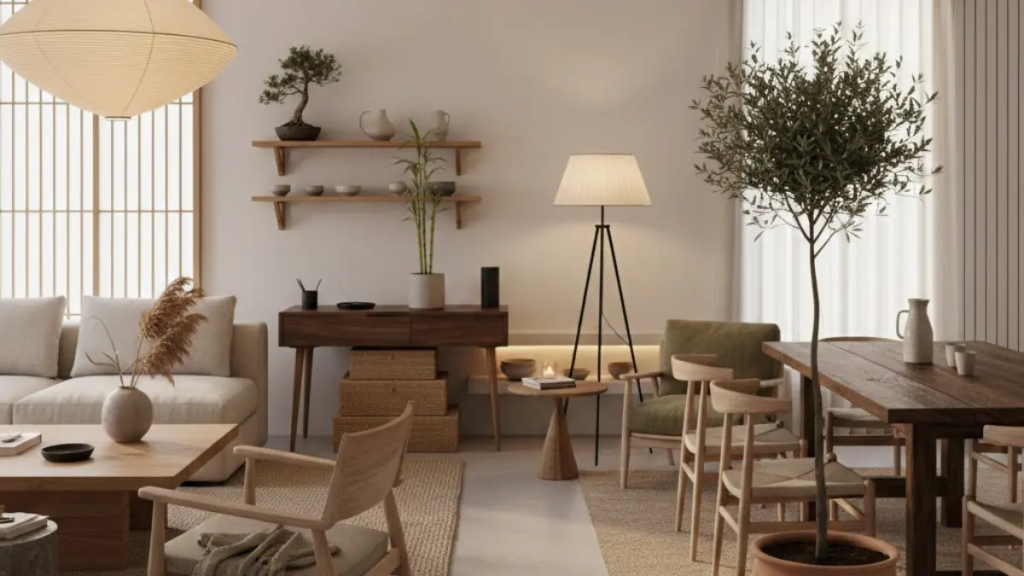 Sala de estar espaçosa no Estilo Japandi 2026 com sofá modular bege, mesa de centro de madeira e luminária de papel.