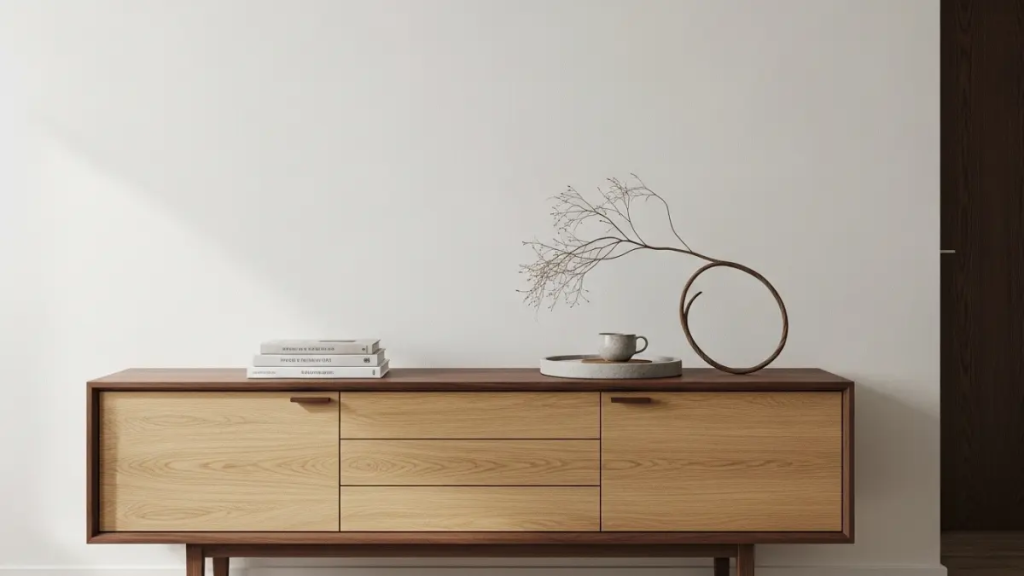 Aparador minimalista de madeira clara com cestos organizadores e objeto decorativo simples em ambiente Japandi.