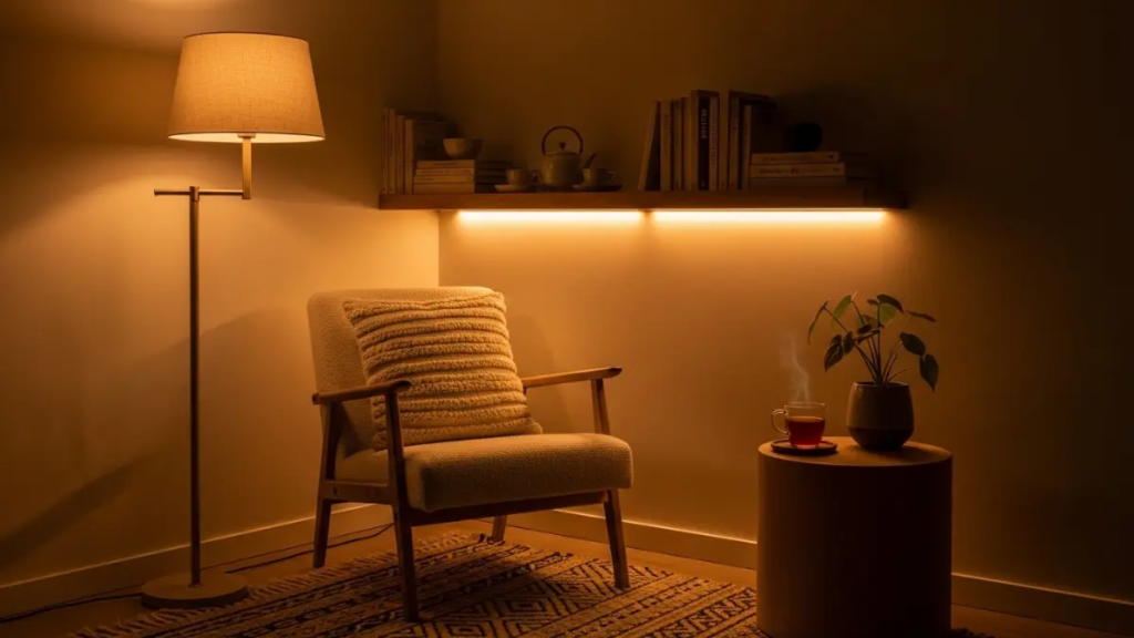 Canto de leitura aconchegante em estilo Japandi à noite com luzes indiretas e bonsai.