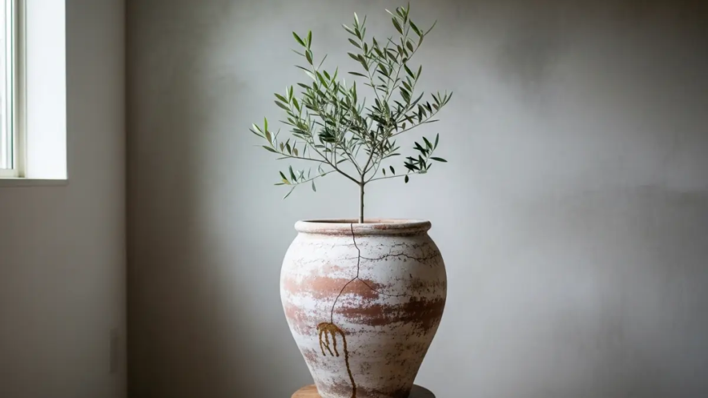 Uma oliveira de interior em vaso de terracota sobre piso de madeira em um ambiente Japandi.