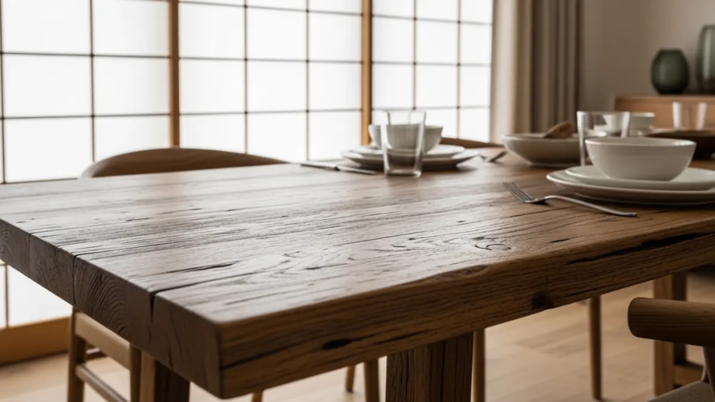 Mesa de jantar de madeira maciça com veios naturais e marcas do tempo em sala Japandi.