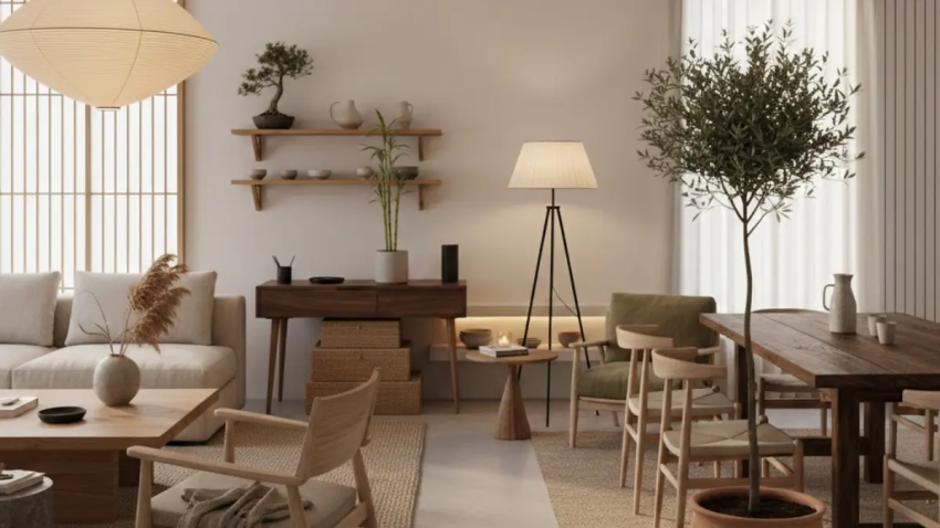 Sala de estar espaçosa no Estilo Japandi 2026 com sofá modular bege, mesa de centro de madeira e luminária de papel.