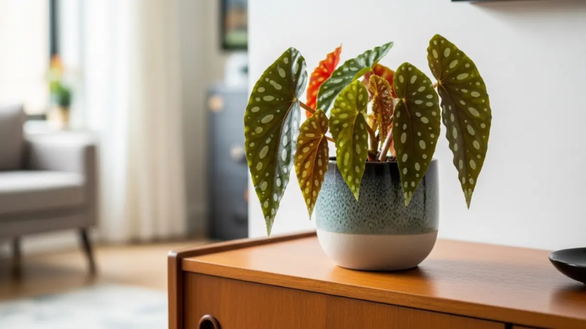 Planta Begônia Maculata em vaso de cerâmica sobre móvel de madeira em sala iluminada.