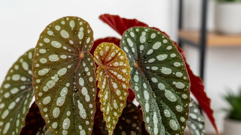 Close-up da Begônia Maculata com suas folhas pontilhadas, uma das plantas tendências que vão definir sua casa este ano.