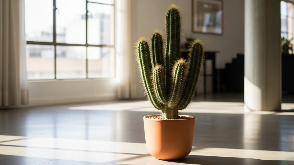 Cacto Mandacaru alto em vaso de terracota em uma sala de estar moderna e iluminada.