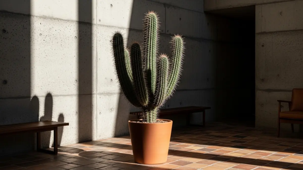Cacto Mandacaru em vaso de terracota em um ambiente de estilo brutalista.